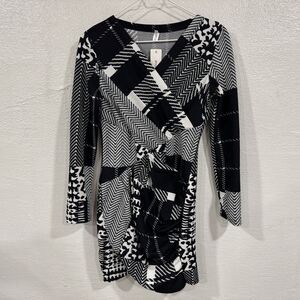 Order Plus Black White Geometric Plaid Wrap Dress Long Sleeve Size Small